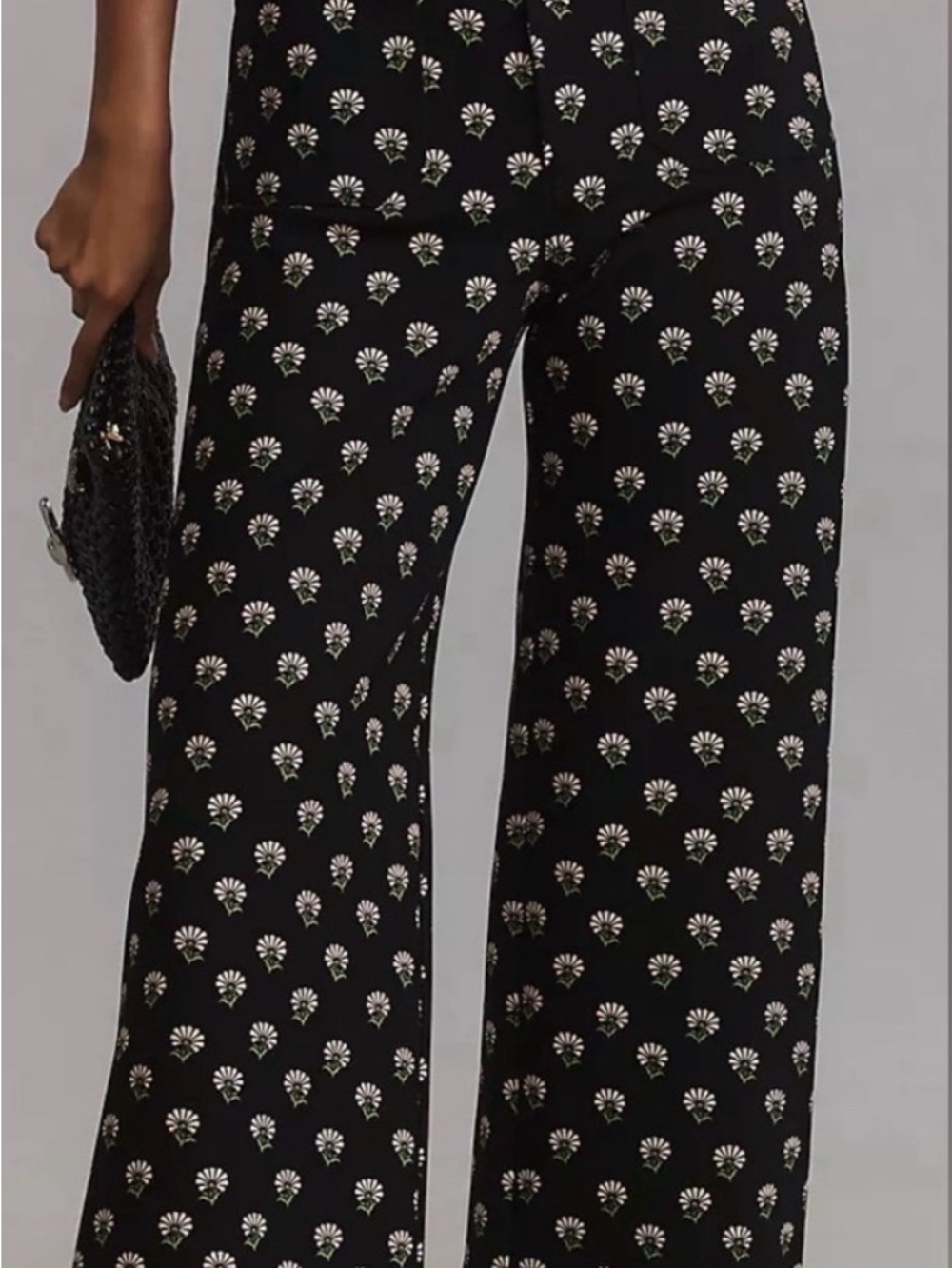 Maeve Black Wide-Leg Pants with Ivory & Green Floral Motif